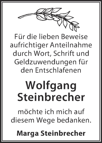 Traueranzeige von Wolfgang Steinbrecher von WVG - Wochenspiegel NMB / WSF / ZTZ