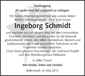 Traueranzeige von Ingeborg Schmidt von WVG - Wochenspiegel Quedlinburg