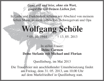 Traueranzeige von Wolfgang Schöle von WVG - Wochenspiegel Quedlinburg