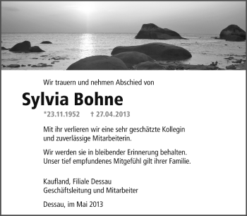 Traueranzeige von Sylvia Bohne von Super Sonntag Dessau / Köthen