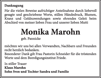 Traueranzeige von Monika Marohn von Super Sonntag Dessau / Köthen