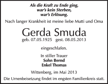 Traueranzeige von Gerda Smuda von WVG - Wochenspiegel Wittenberg