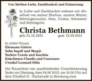 Traueranzeige von Christa Bethmann von Super Sonntag Bernburg