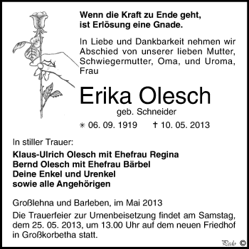 Traueranzeige von Erika Olesch von WVG - Wochenspiegel NMB / WSF / ZTZ