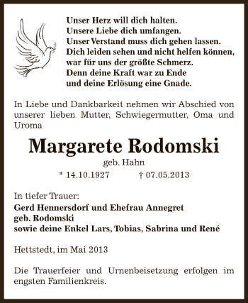 Traueranzeige von Margarete Rodomski von Super Sonntag SGH Mansf. Land