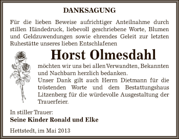 Traueranzeige von Horst Olmesdahl von Wochenspiegel Mansfelder Land