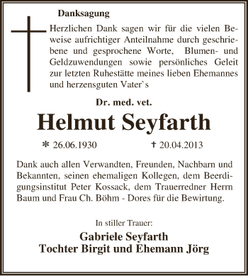 Traueranzeige von Helmut Seyfarth von WVG - Wochenspiegel Dessau / Köthen
