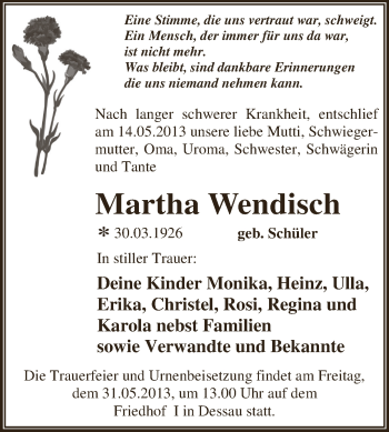 Traueranzeige von Martha Wendisch von WVG - Wochenspiegel Dessau / Köthen
