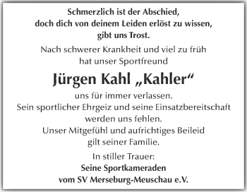 Traueranzeige von Jürgen Kahl von Super Sonntag Merseburg