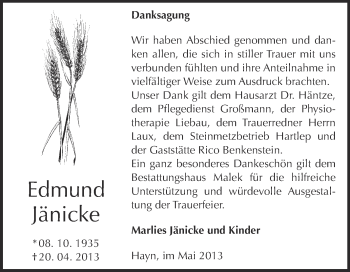 Traueranzeige von Edmund Jänicke von WVG - Wochenspiegel Quedlinburg