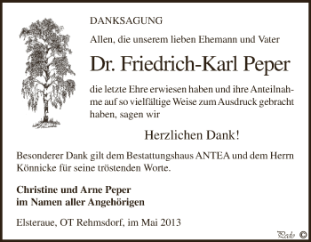 Traueranzeige von Friedrich-Karl Peper von Super Sonntag Zeitz