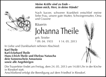 Traueranzeige von Johanna Theile von Super Sonntag Dessau / Köthen