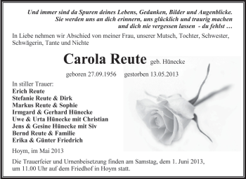Traueranzeige von Carola Reute von WVG - Wochenspiegel Aschersleben