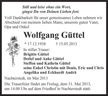 Traueranzeige von Wolfgang Güttel von WVG - Wochenspiegel Aschersleben