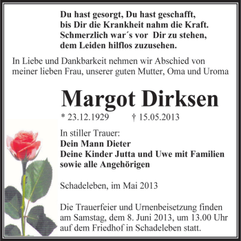 Traueranzeige von Margot Dirksen von WVG - Wochenspiegel Aschersleben