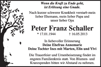 Traueranzeige von Peter Franz Schaller von Super Sonntag Dessau / Köthen