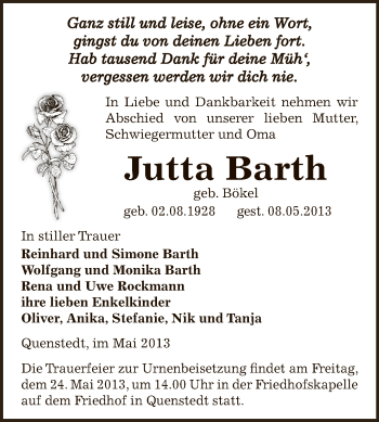 Traueranzeige von Jutta Barth von Wochenspiegel Mansfelder Land