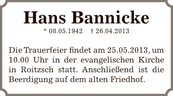 Traueranzeige von Hans Bannicke von WVG - Wochenspiegel Bitterfeld