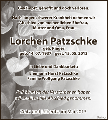 Traueranzeige von Lorchen Patzschke von Super Sonntag Zeitz