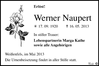 Traueranzeige von Werner Naupert von WVG - Wochenspiegel NMB / WSF / ZTZ