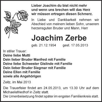 Traueranzeige von Joachim Zerbe von WVG - Wochenspiegel NMB / WSF / ZTZ