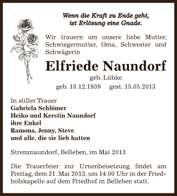 Traueranzeige von Elfriede Naundorf von Super Sonntag SGH Mansf. Land