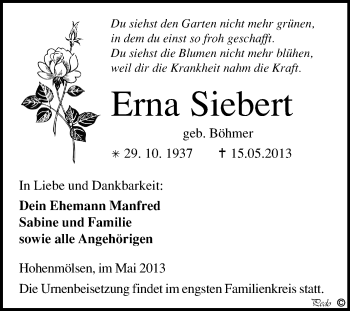 Traueranzeige von Erna Siebert von WVG - Wochenspiegel NMB / WSF / ZTZ