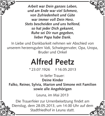 Traueranzeige von Alfred Peetz von Super Sonntag Merseburg