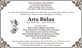 Traueranzeige von Arta Bülau von Super Sonntag Bernburg