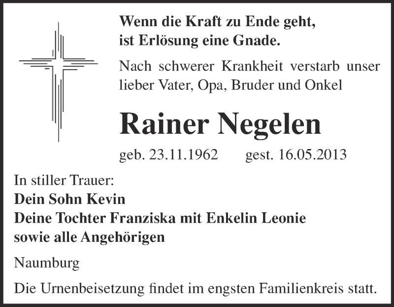  Traueranzeige für Rainer Negelen vom 22.05.2013 aus WVG - Wochenspiegel NMB / WSF / ZTZ