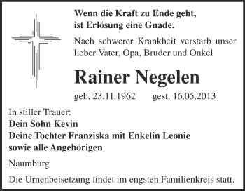 Traueranzeige von Rainer Negelen von WVG - Wochenspiegel NMB / WSF / ZTZ