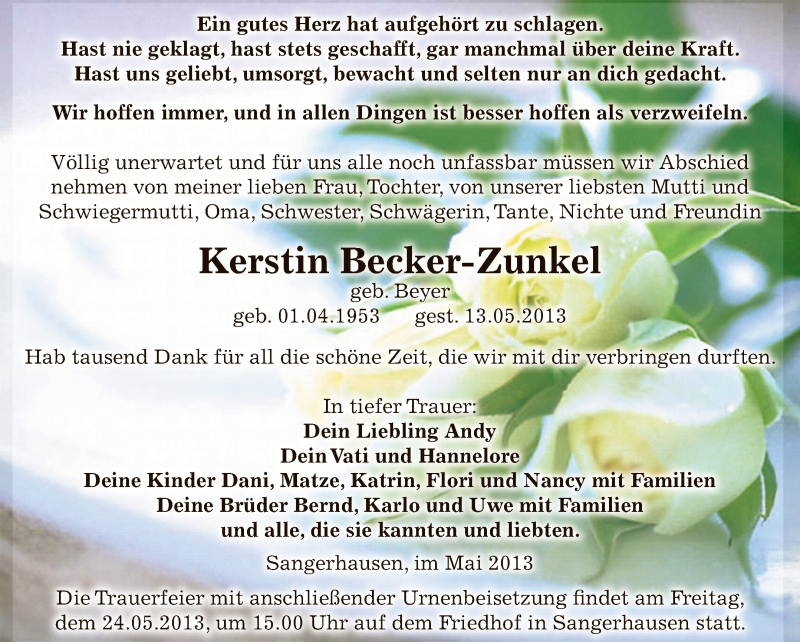  Traueranzeige für Kerstin Becker-Zunkel vom 19.05.2013 aus Super Sonntag SGH Mansf. Land