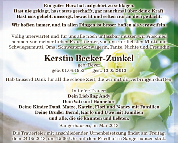 Traueranzeige von Kerstin Becker-Zunkel von Super Sonntag SGH Mansf. Land