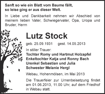 Traueranzeige von Lutz Stock von WVG - Wochenspiegel NMB / WSF / ZTZ