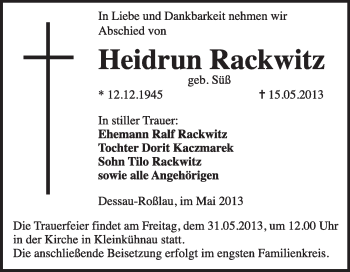 Traueranzeige von Heidrun Rackwitz von Super Sonntag Dessau / Köthen