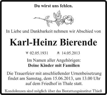 Traueranzeige von Karl-Heinz Bierende von Super Sonntag Quedlinburg