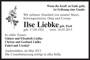 Traueranzeige von Ilse Liebke von WVG - Wochenspiegel Aschersleben