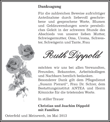 Traueranzeige von Ruth Dippold von Super Sonntag Zeitz
