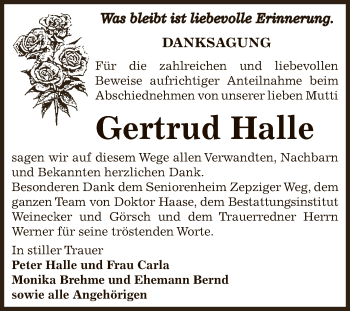 Traueranzeige von Gertrud Halle von Super Sonntag Bernburg