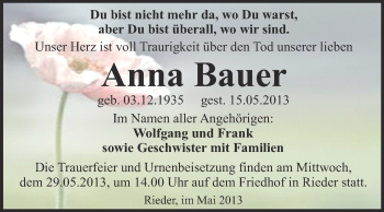 Traueranzeige von Anna Bauer von WVG - Wochenspiegel Quedlinburg