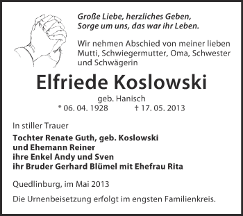 Traueranzeige von Elfriede Koslowski von WVG - Wochenspiegel Quedlinburg