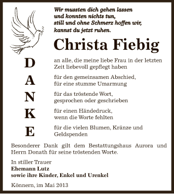 Traueranzeige von Christa Fiebig von Super Sonntag Bernburg