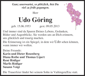 Traueranzeige von Udo Göring von WVG - Wochenspiegel NMB / WSF / ZTZ