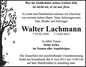 Traueranzeige von Walter Lachmann von WVG - Wochenspiegel Wittenberg