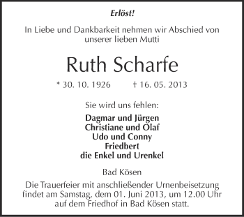 Traueranzeige von Ruth Scharfe von WVG - Wochenspiegel NMB / WSF / ZTZ