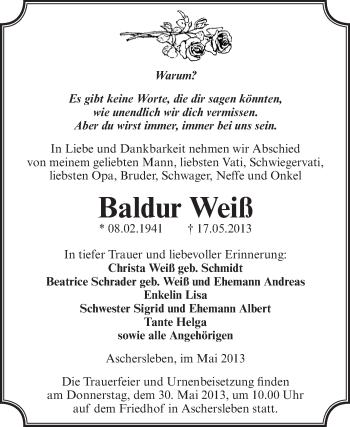 Traueranzeige von Baldur Weiß von Super Sonntag Aschersleben