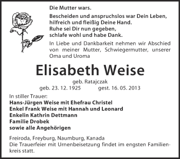 Traueranzeige von Elisabeth Weise von WVG - Wochenspiegel NMB / WSF / ZTZ