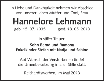Traueranzeige von Hannelore Lehmann von WVG - Wochenspiegel NMB / WSF / ZTZ
