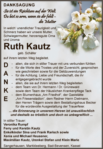 Traueranzeige von Ruth Kautz von Super Sonntag SGH Mansf. Land
