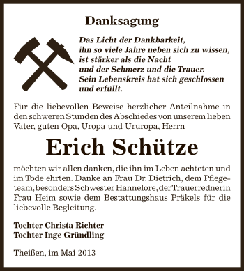 Traueranzeige von Erich Schütze von Super Sonntag Zeitz
